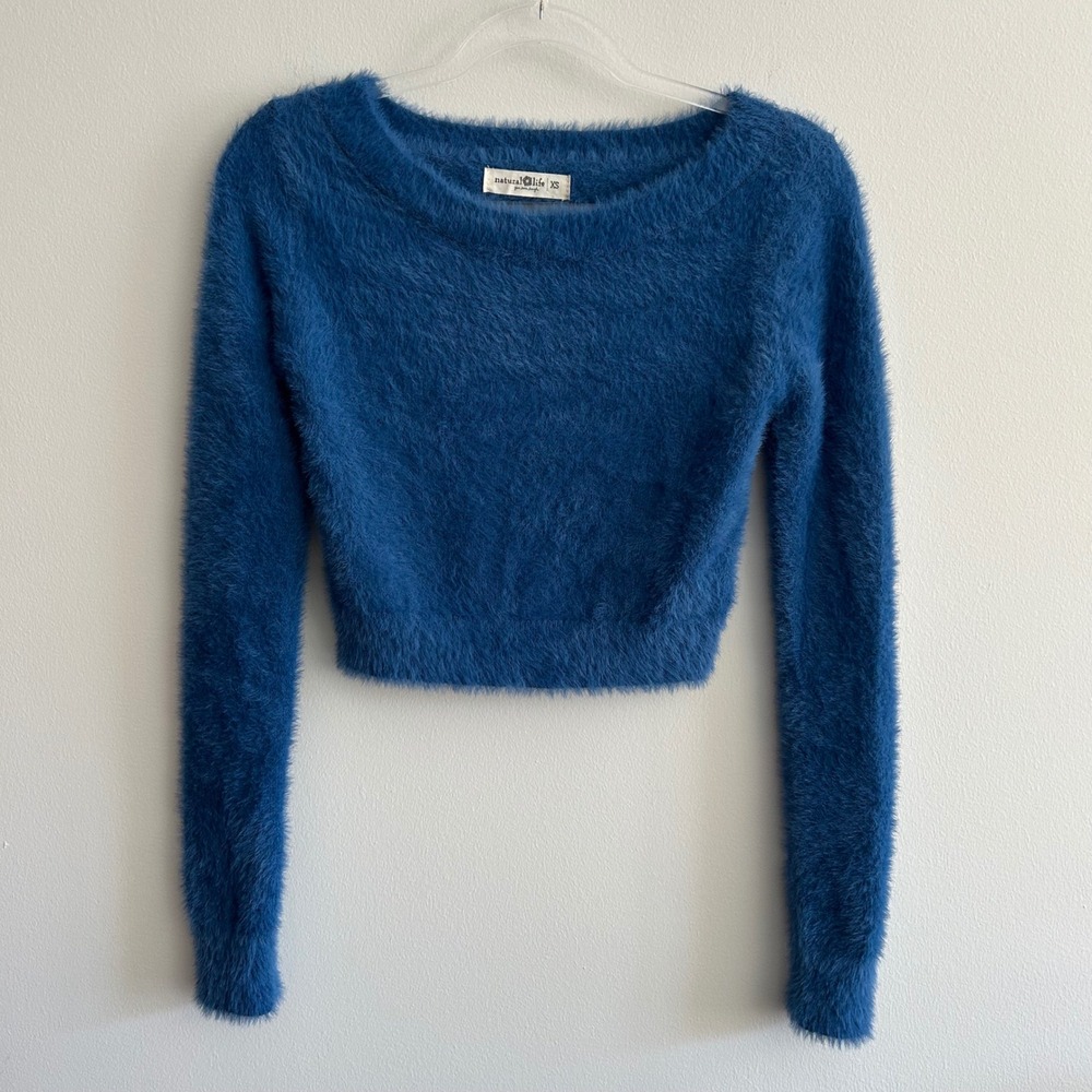 Natural Life Sweater Bright Blue XS Eyelash Knit Fuzzy Cropped Long Sleeve Scoop
